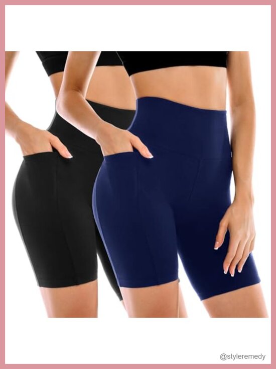 Pants - High Waisted Tummy Control Bike Shorts with Pockets for Women Running Gym Yoga